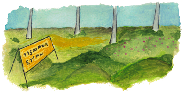 Windräder, Schlehen und Rosen.