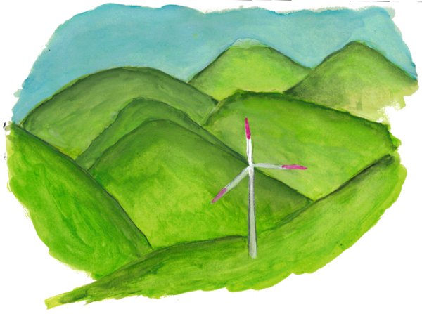 Ein Windkraftwerk in einem Tal.