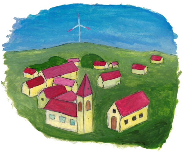 Eine Stadt kleine Stadt und ein Windgeneratorr.