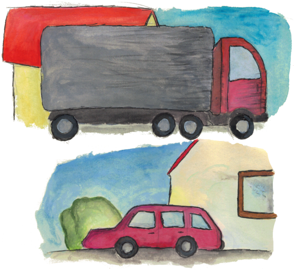 Ein Auto und ein Lastwagen.