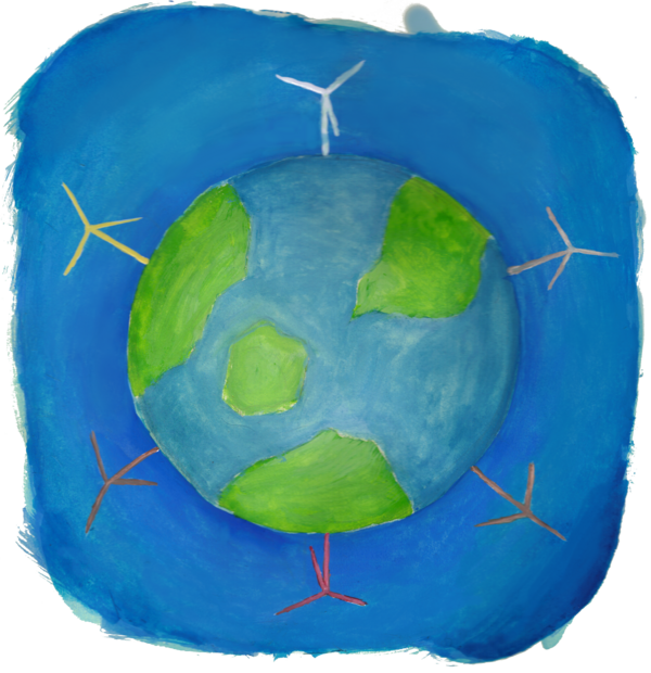 Eine Weltkugel mit Windmühlen